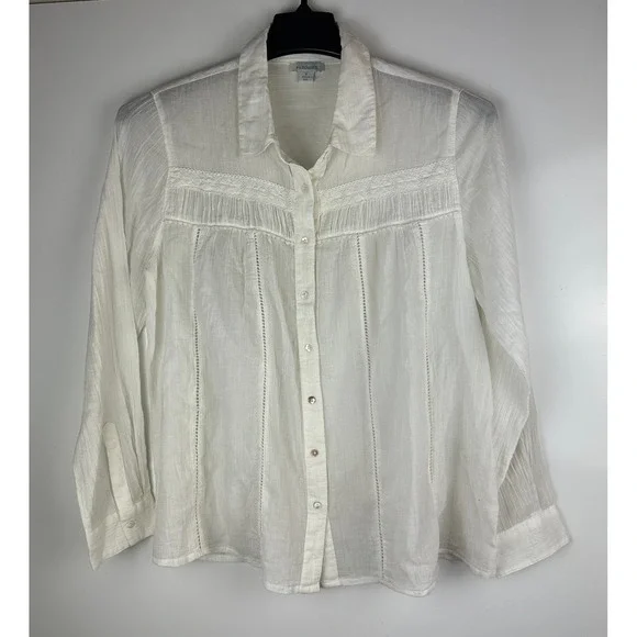 Sundance White Cotton Long Sleeve Button Up Blouse Crochet Boho Sheer Size Small - Picture 5 of 14